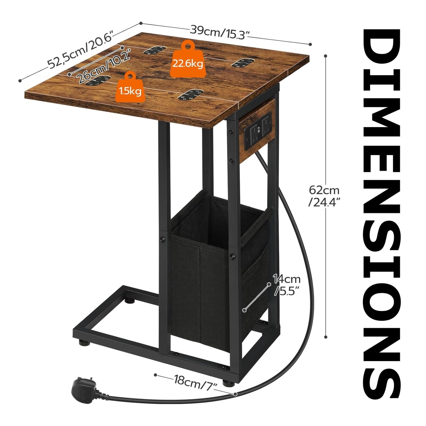 Industrial Foldable C Side End Table With Charging Station