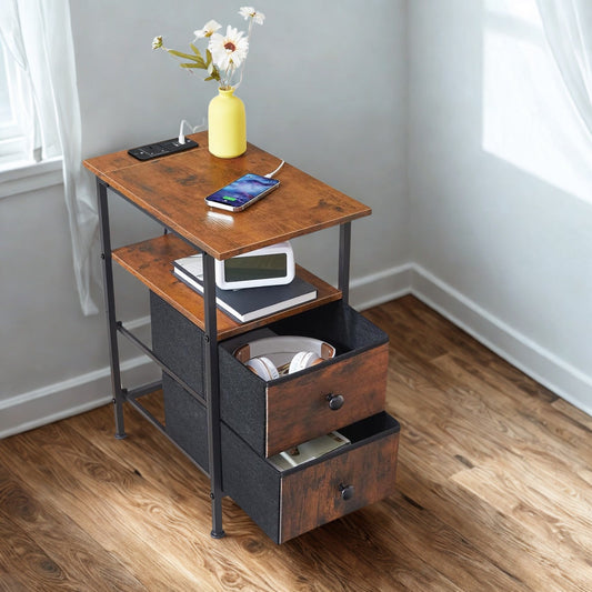Industrial Nightstand Side End Table With Charging Station and Drawers