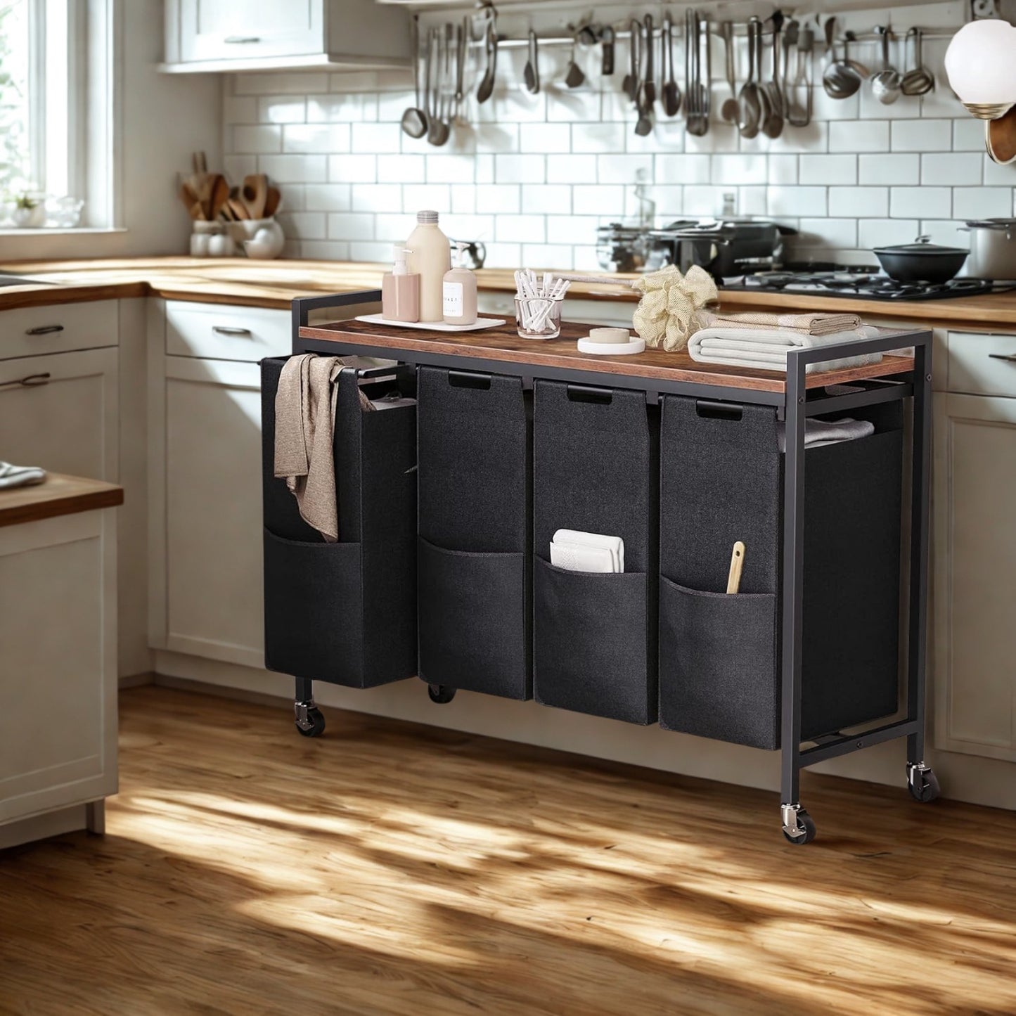 Large Wide Industrial 4 Pull Out Compartment Laundry Basket