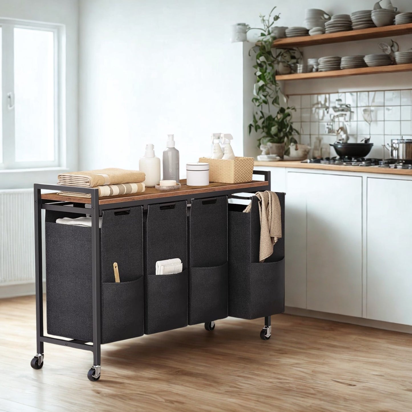 Large Wide Industrial 4 Pull Out Compartment Laundry Basket