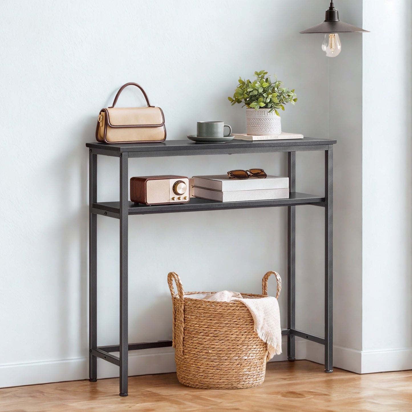 Industrial 2 Tier Console Table With Adjustable Shelves