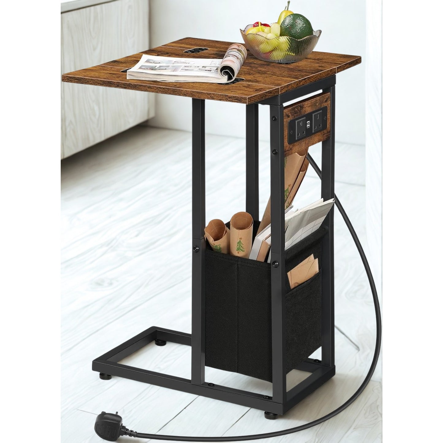Industrial Foldable C Side End Table With Charging Station