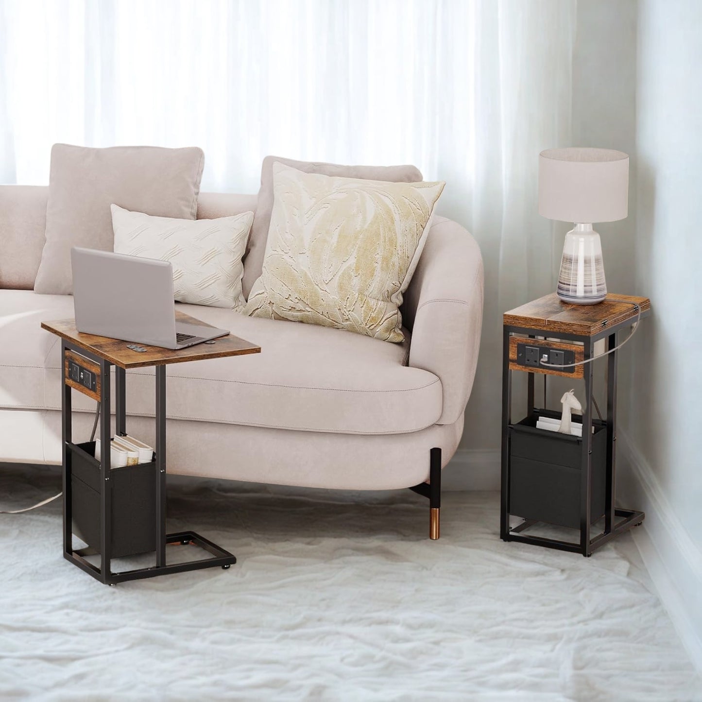 Industrial Foldable C Side End Table With Charging Station