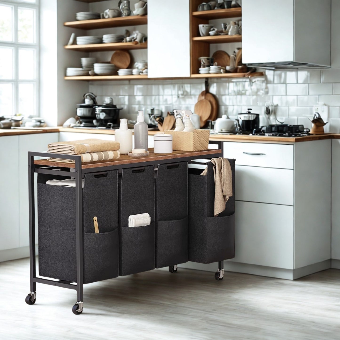 Large Wide Industrial 4 Pull Out Compartment Laundry Basket