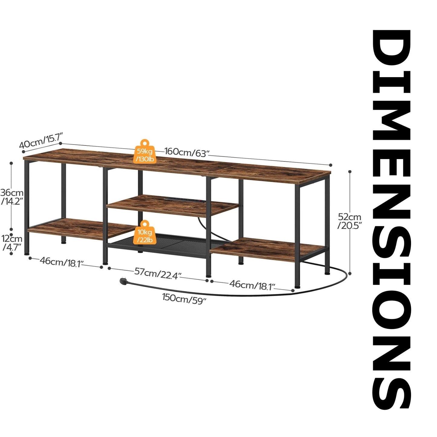 160CM Wide TV Stand Unit With Power Outlets Rustic Furniture