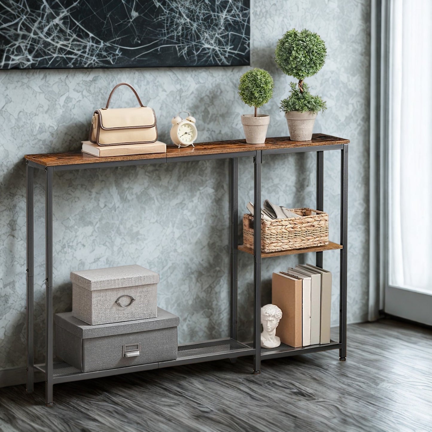 Industrial Slim Hallway Console Table With Storage Shelves
