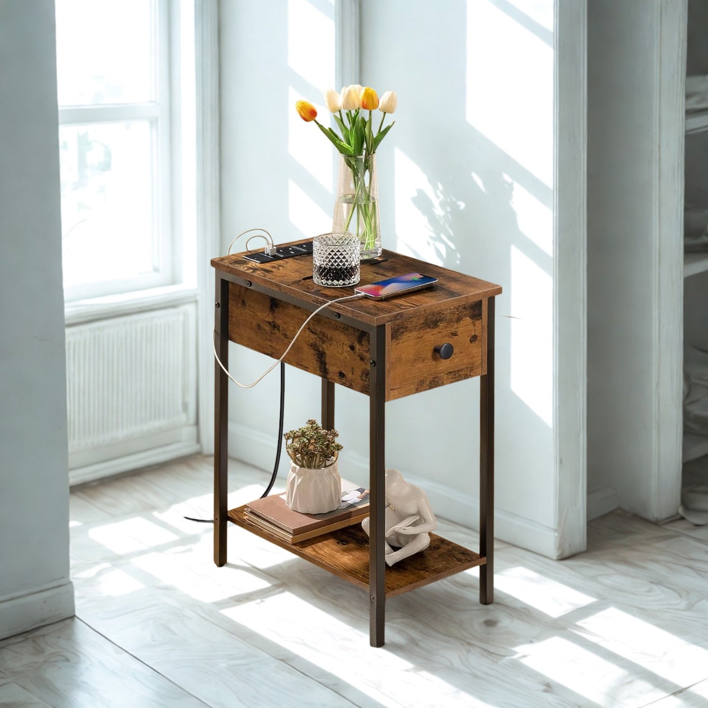 Industrial Bedside Side End Table With Charging Station