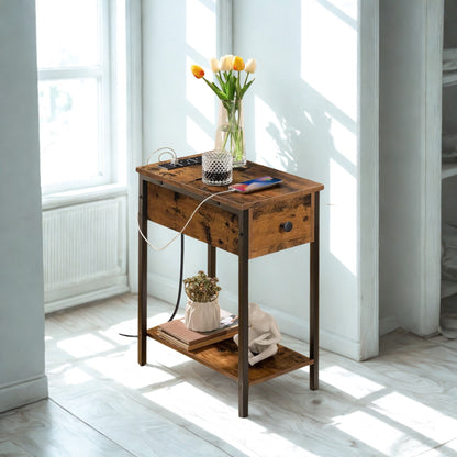 Industrial Bedside Side End Table With Charging Station