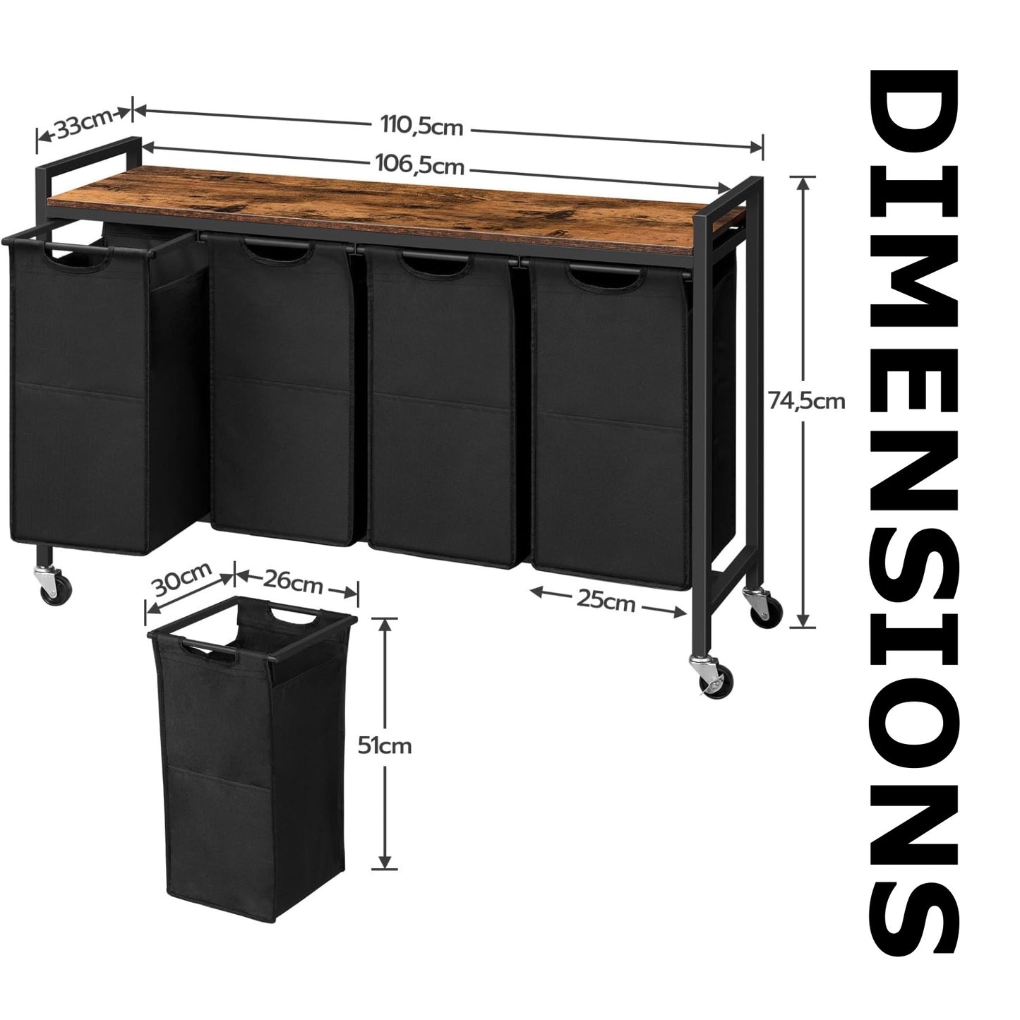 Large Wide Industrial 4 Pull Out Compartment Laundry Basket