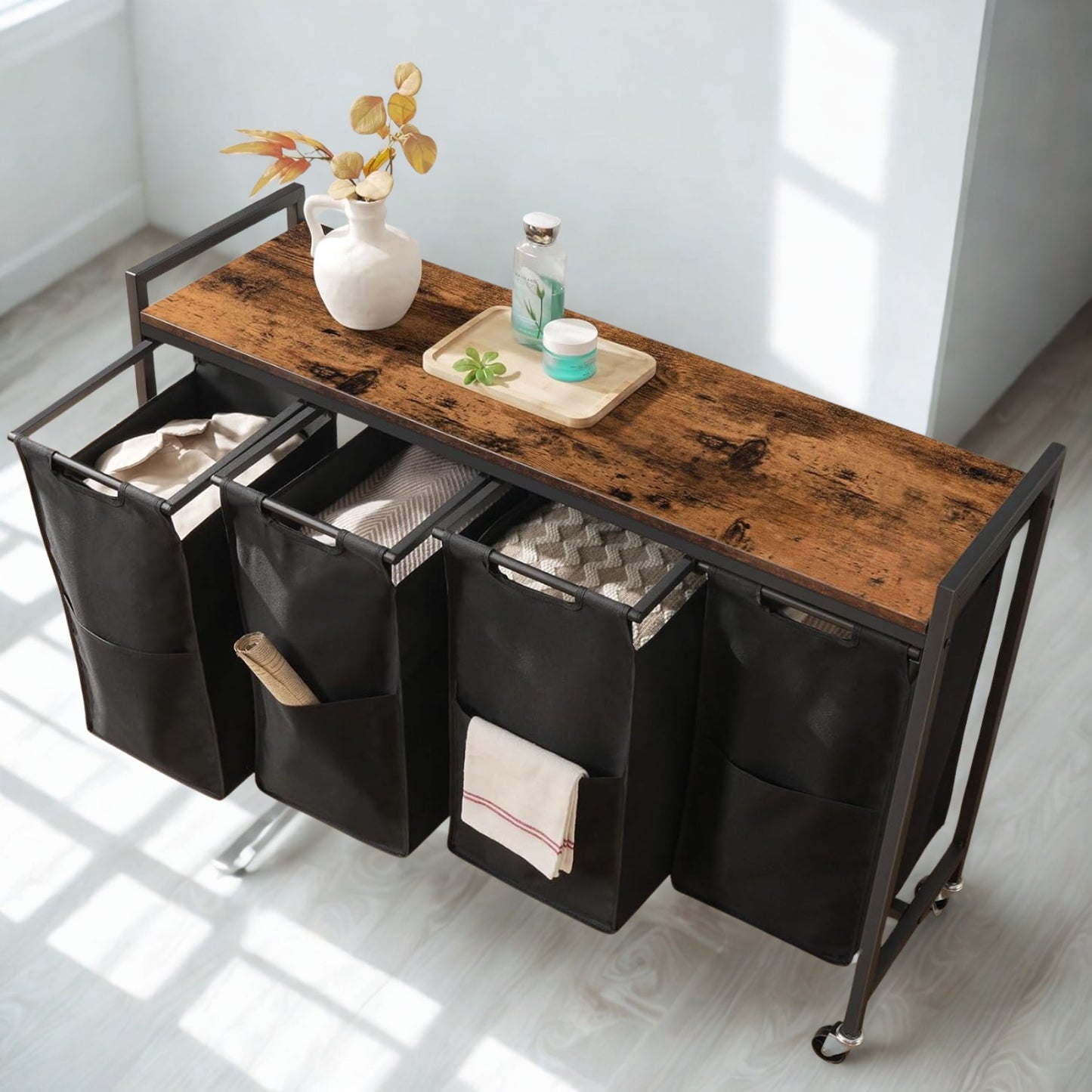 Large Wide Industrial 4 Pull Out Compartment Laundry Basket