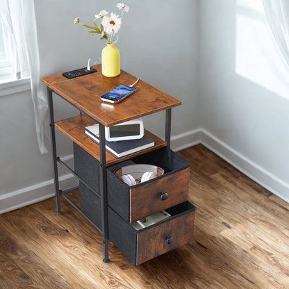 Industrial Nightstand Side End Table With Charging Station and Drawers