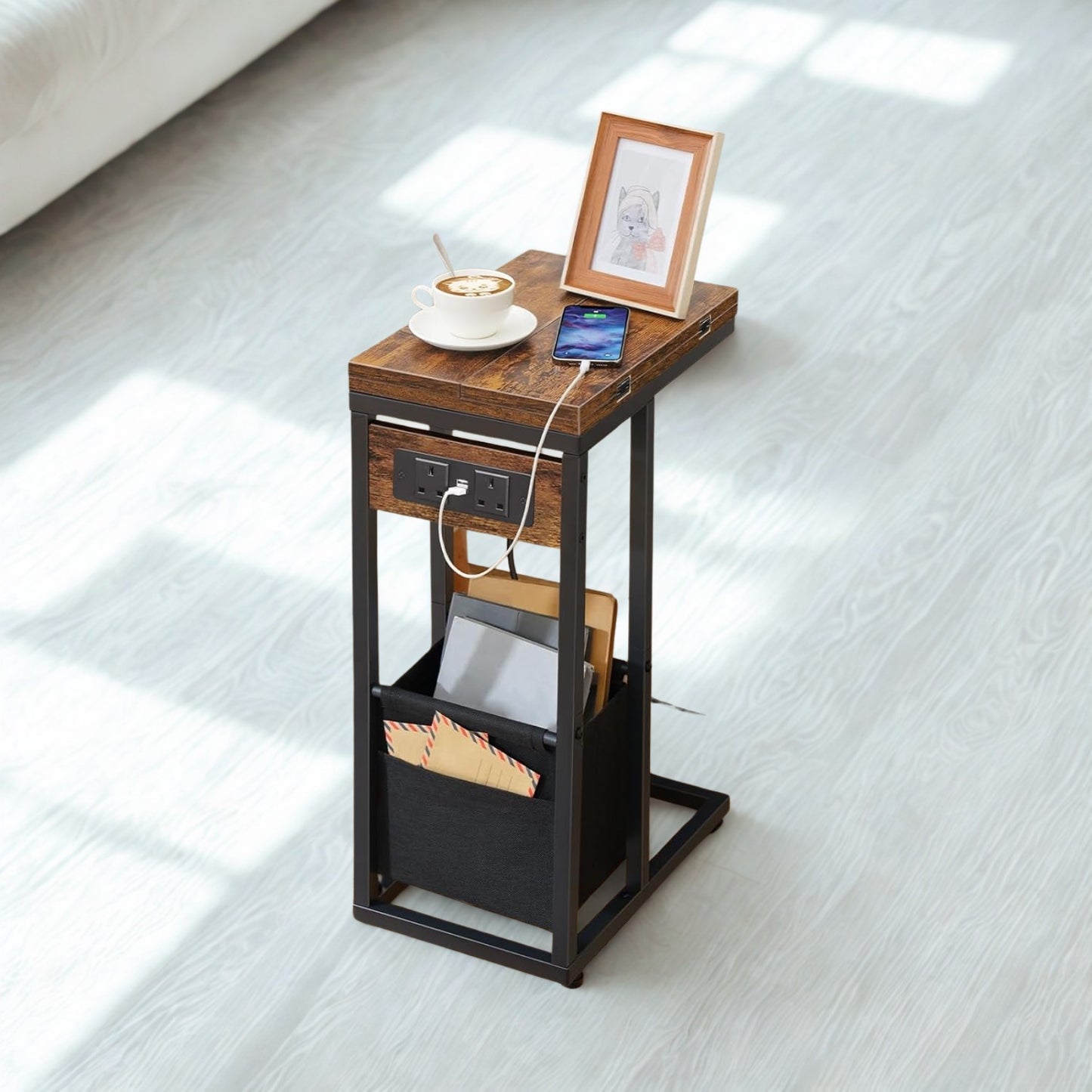 Industrial Foldable C Side End Table With Charging Station