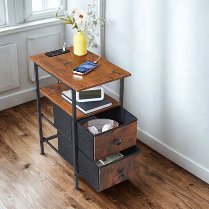 Industrial Nightstand Side End Table With Charging Station and Drawers
