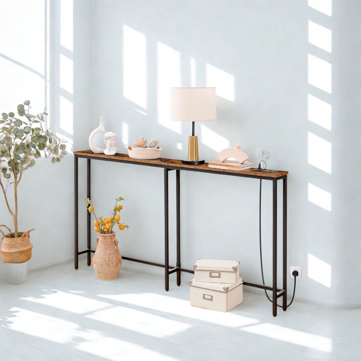 Industrial 160CM Wide Narrow Hallway Console Table With Charging Station