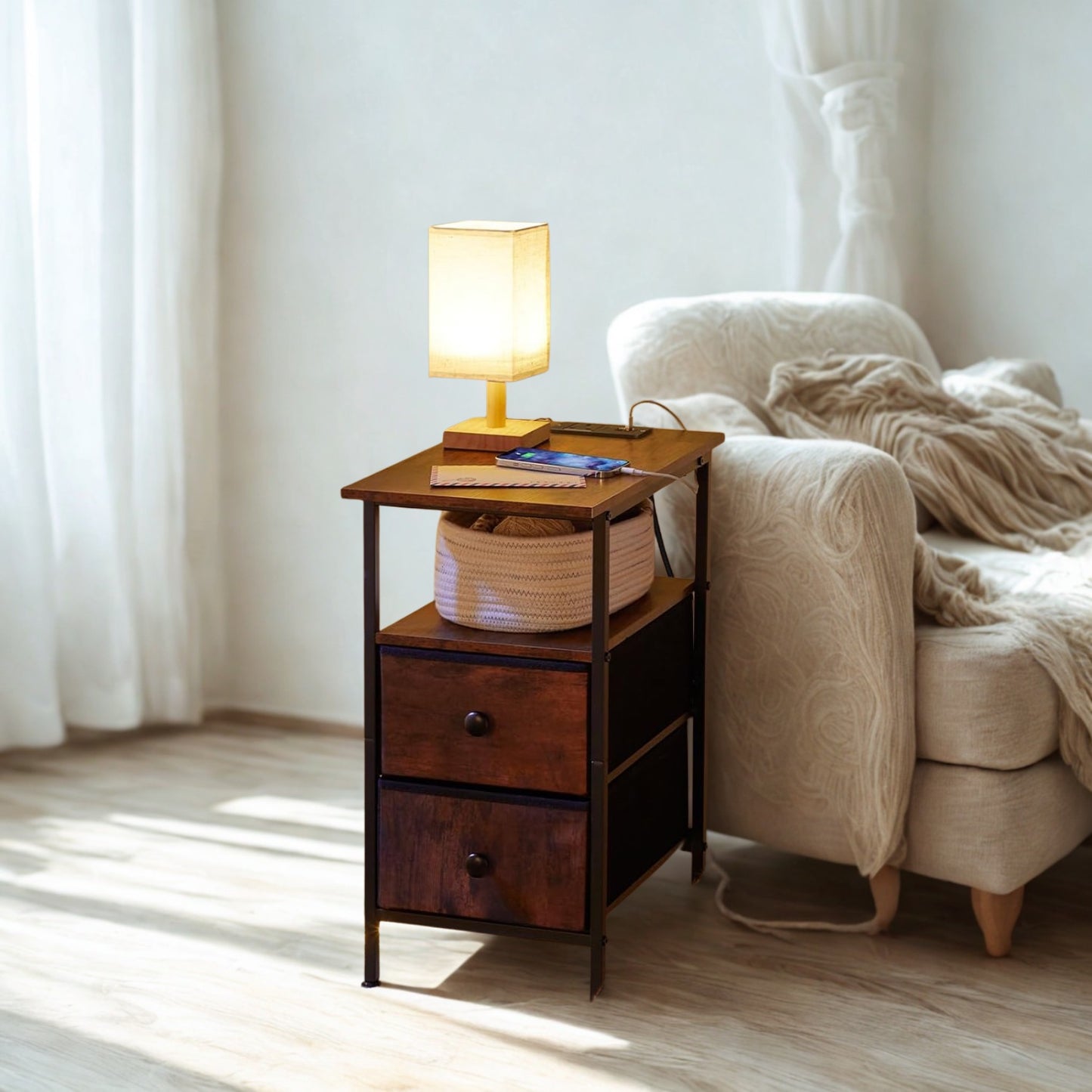 Industrial Nightstand Side End Table With Charging Station and Drawers