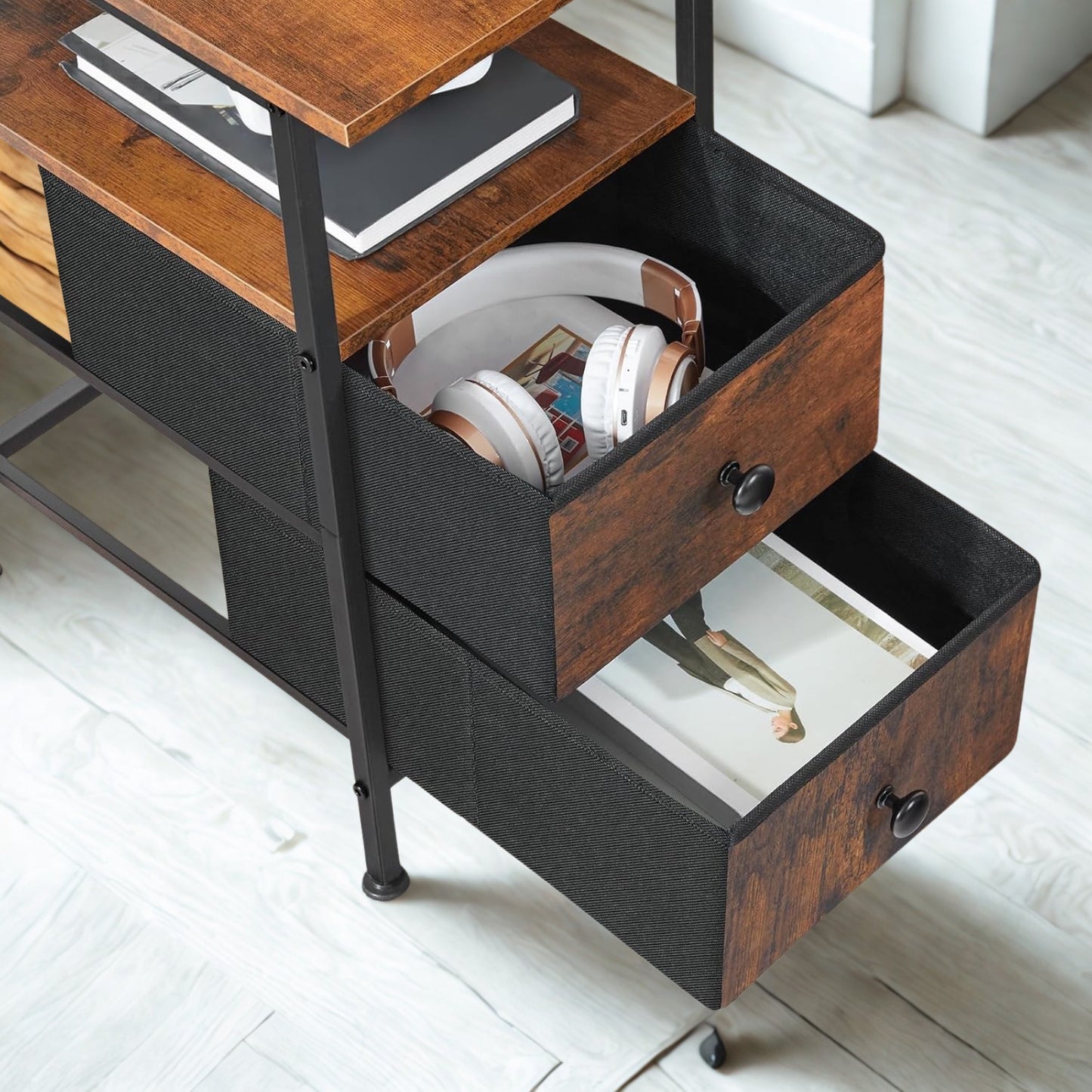 Industrial Nightstand Side End Table With Charging Station and Drawers