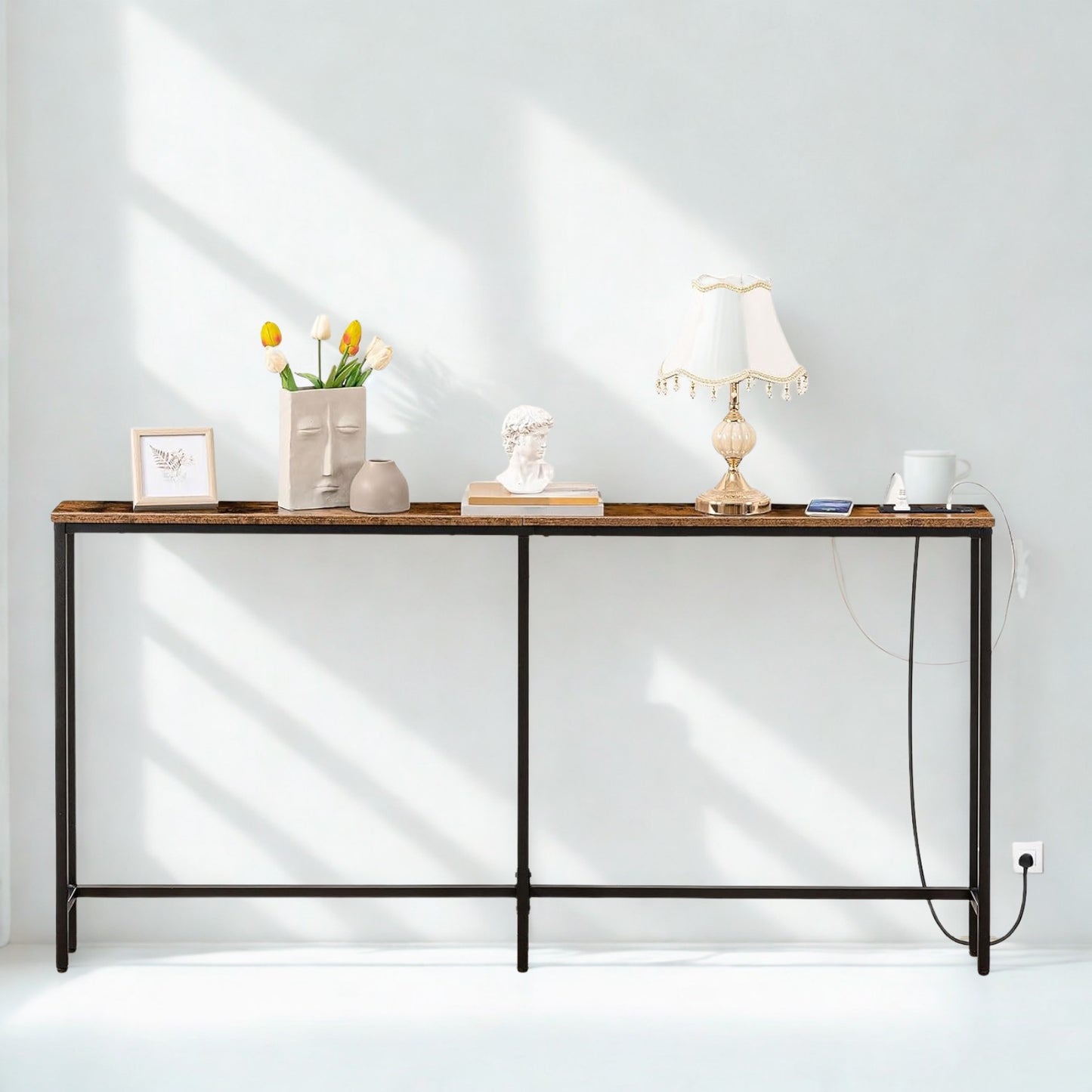 Industrial 160CM Wide Narrow Hallway Console Table With Charging Station