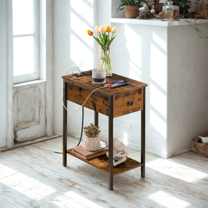 Industrial Bedside Side End Table With Charging Station