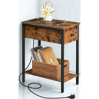 Industrial Bedside Side End Table With Charging Station