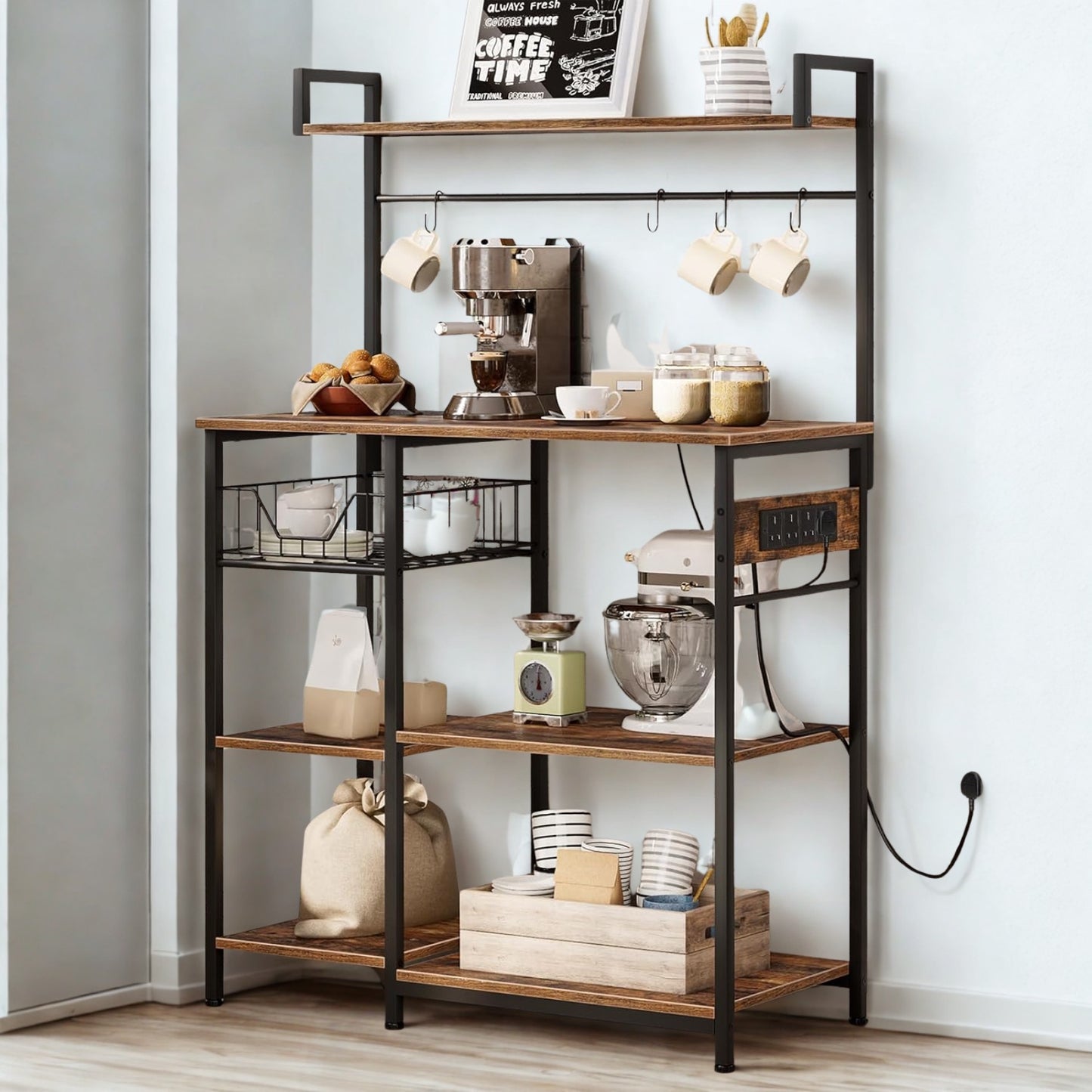 Industrial 4 Tier Smart Kitchen Bakers Storage Rack With Power Outlets