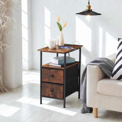Industrial Nightstand Side End Table With Charging Station and Drawers