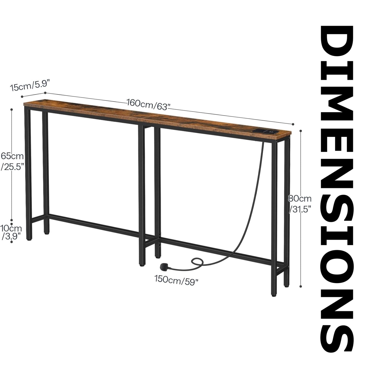 Industrial 160CM Wide Narrow Hallway Console Table With Charging Station