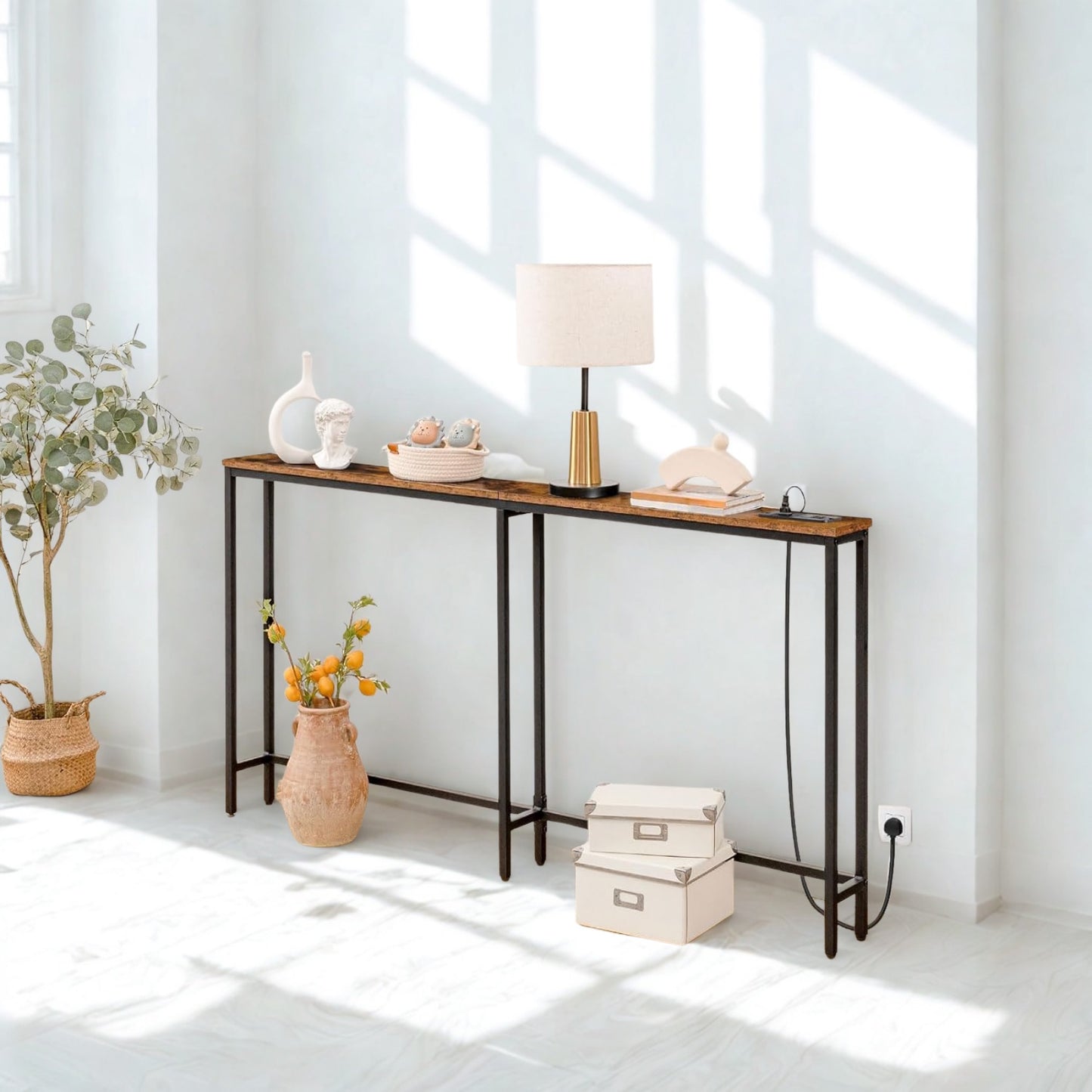 Industrial 160CM Wide Narrow Hallway Console Table With Charging Station