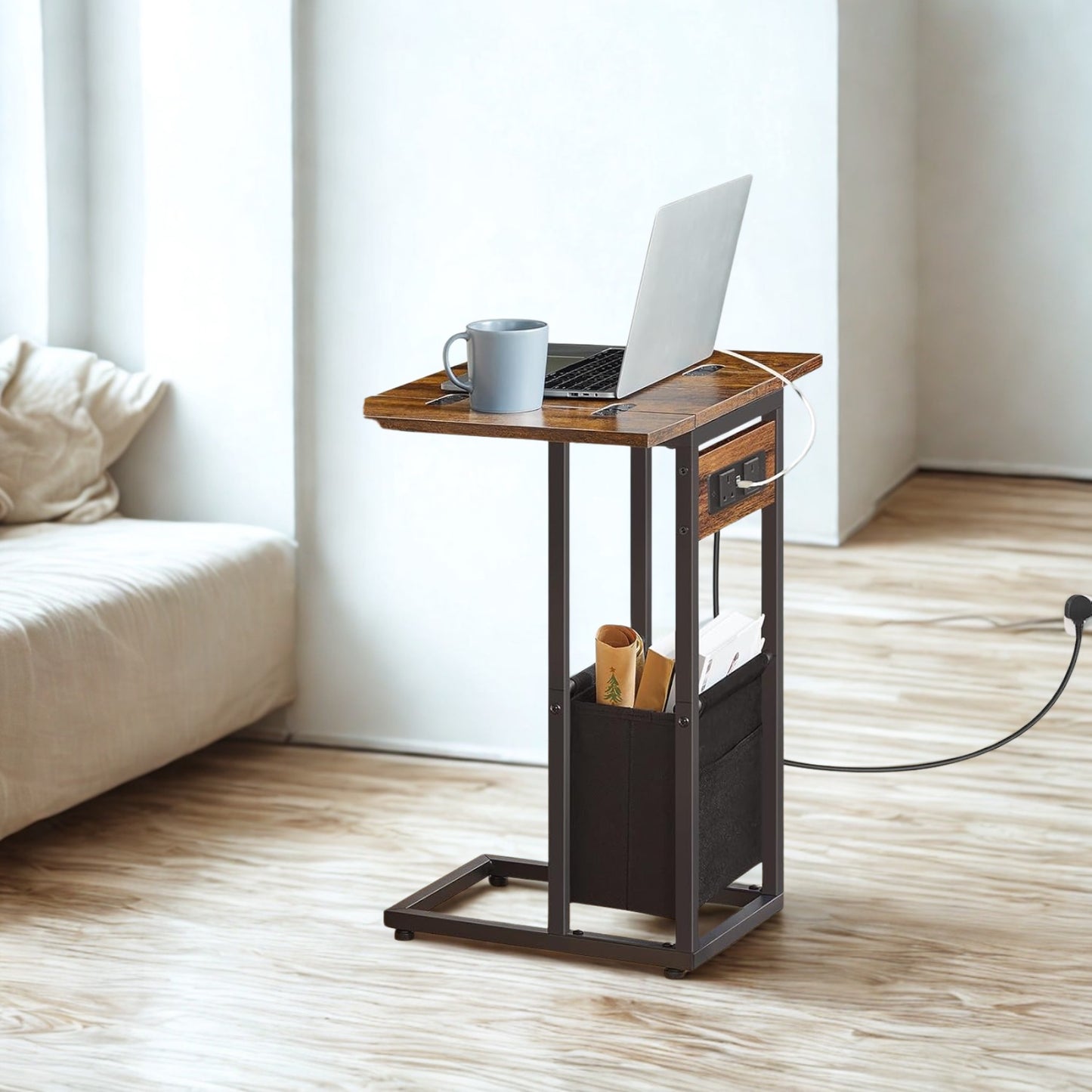 Industrial Foldable C Side End Table With Charging Station