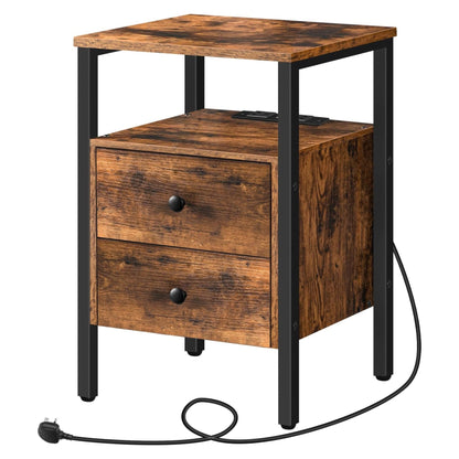 Industrial Bedside Side End Table With Charging Station and Drawers