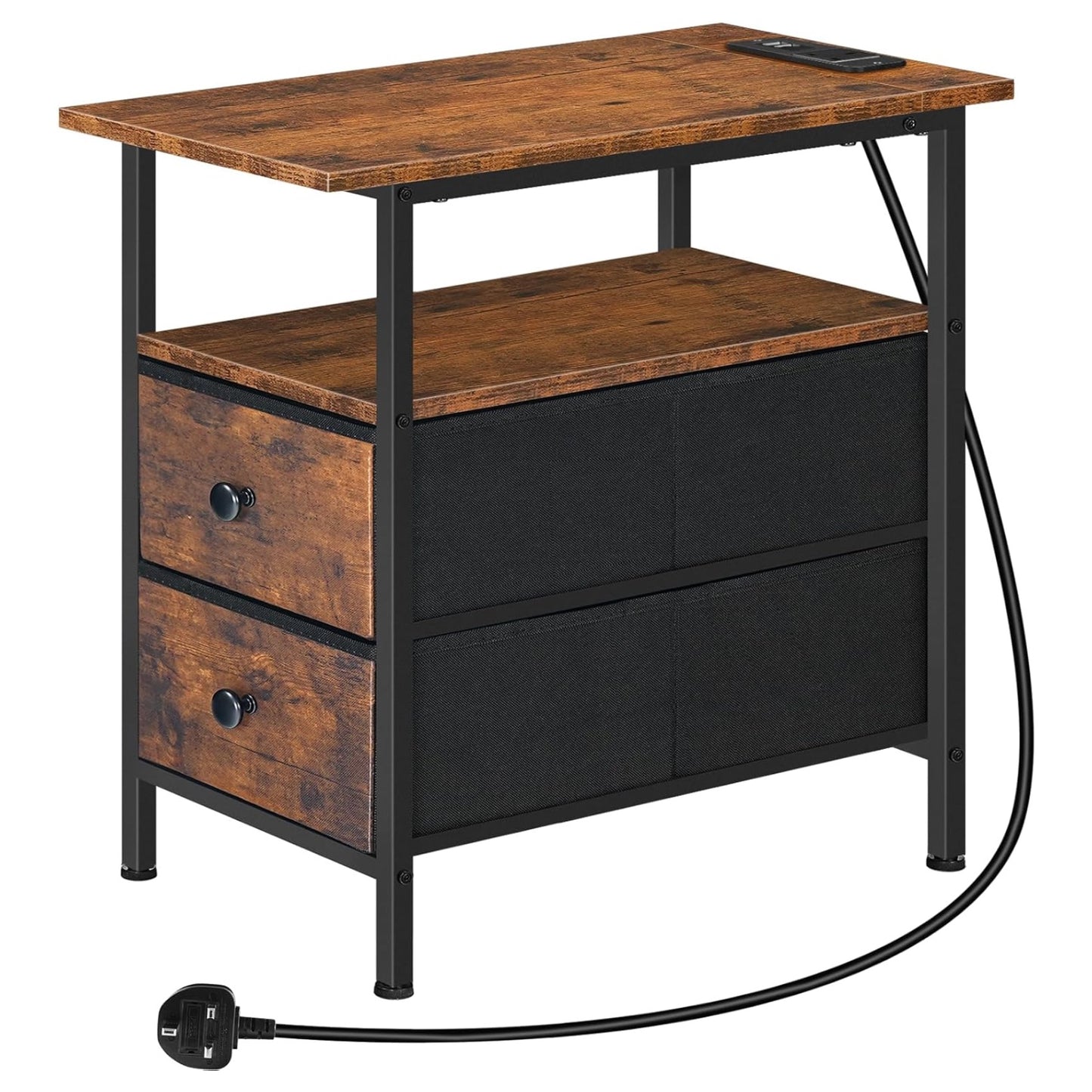 Industrial Nightstand Side End Table With Charging Station and Drawers