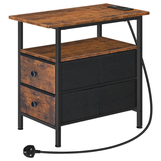 Industrial Nightstand Side End Table With Charging Station and Drawers