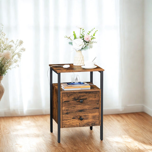 Industrial Bedside Side End Table With Charging Station and Drawers