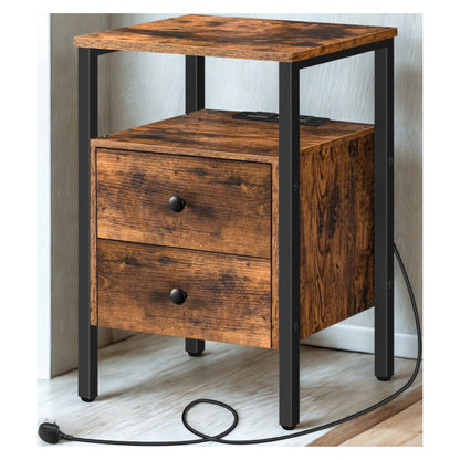 Industrial Bedside Side End Table With Charging Station and Drawers