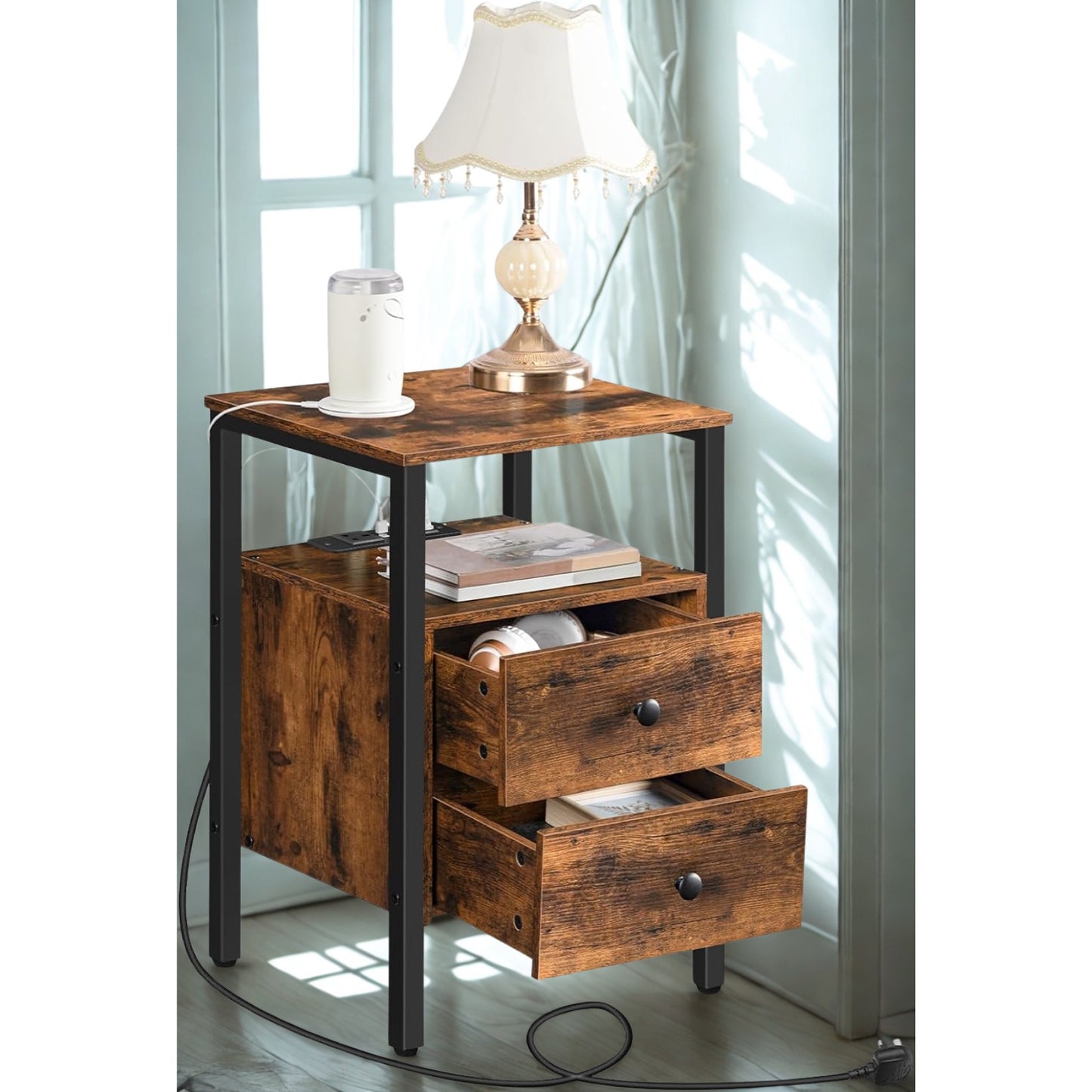 Industrial Bedside Side End Table With Charging Station and Drawers