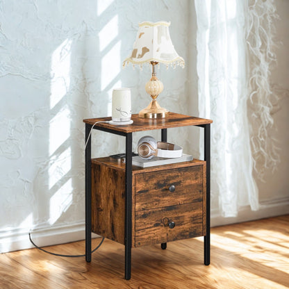 Industrial Bedside Side End Table With Charging Station and Drawers
