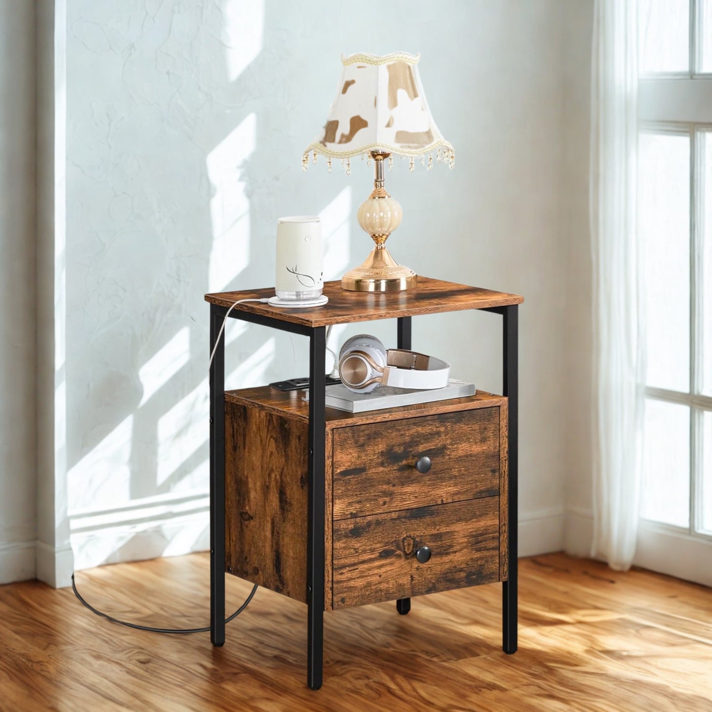 Industrial Bedside Side End Table With Charging Station and Drawers