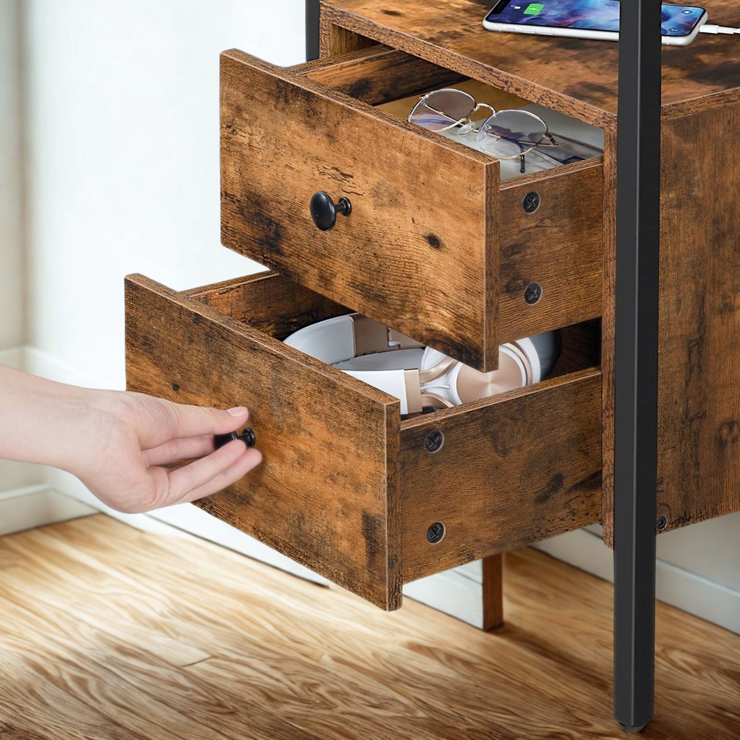 Industrial Bedside Side End Table With Charging Station and Drawers
