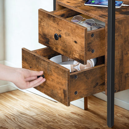 Industrial Bedside Side End Table With Charging Station and Drawers