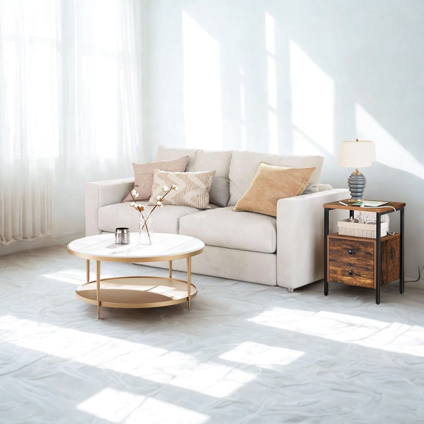 Industrial Bedside Side End Table With Charging Station and Drawers